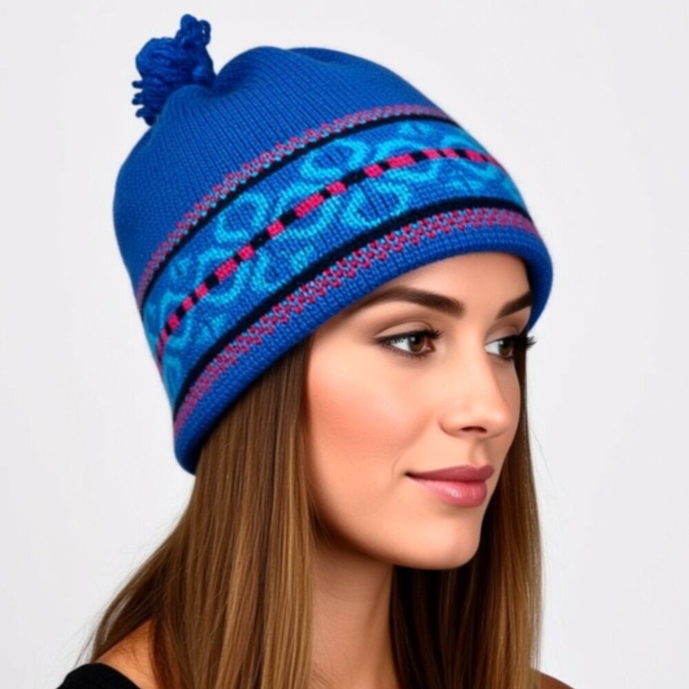 Vintage Blue Knit beanie with a nordic pattern S/M - Unisex (MH008)